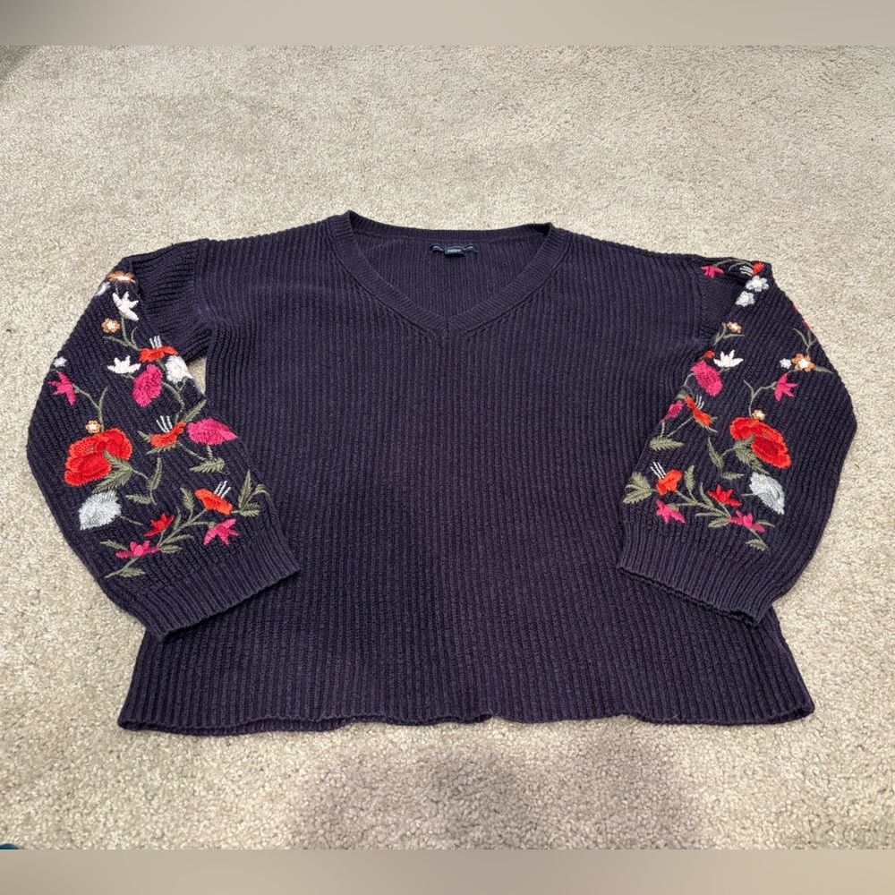American Eagle Outfitters Dark V-Neck Sweater with Floral Sleeves